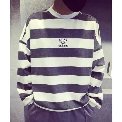 Loose Fit Round Neck Cartoon Elephant Embroidered Long Sleeves Men's Broad Striped Sweatshirt - Light Gray Xl