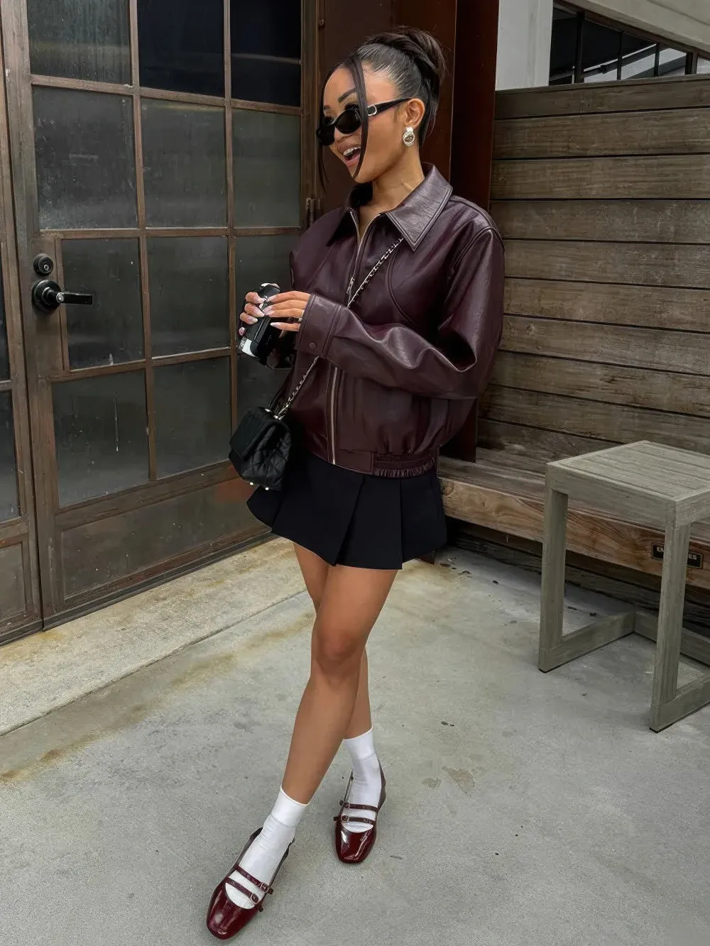 Luxe Shiny Leather Bomber Jacket for Women