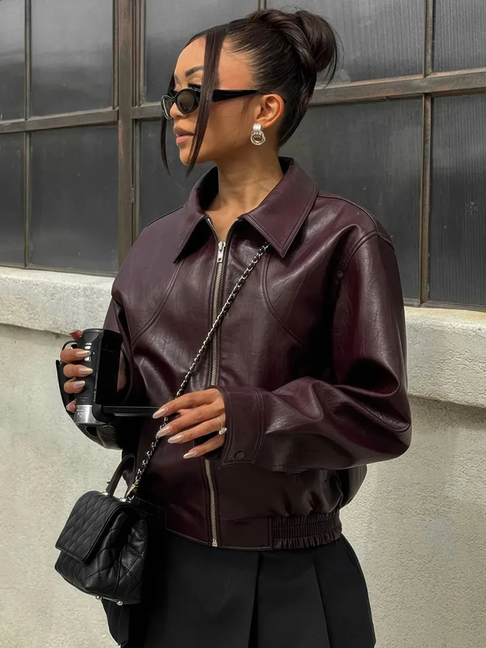 Luxe Shiny Leather Bomber Jacket for Women