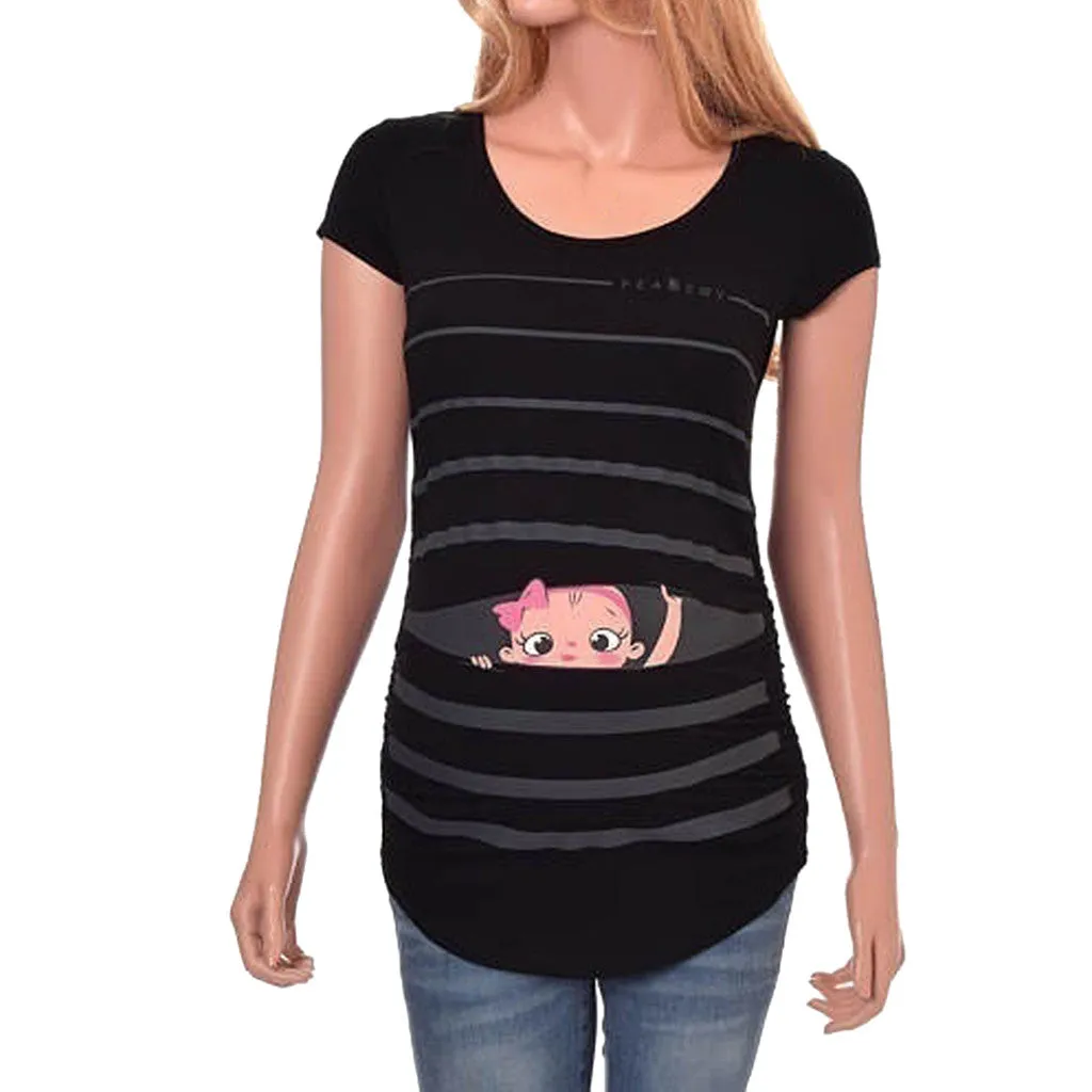 Maternity Cute Funny Baby Print Striped Short Sleeve T-shirt