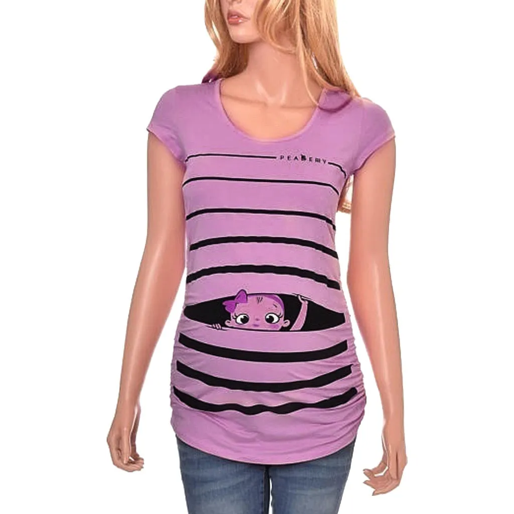Maternity Cute Funny Baby Print Striped Short Sleeve T-shirt