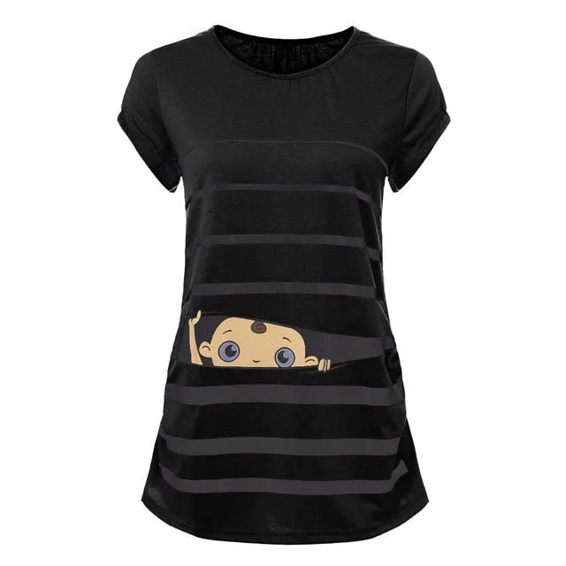 Maternity Cute Funny Baby Print Striped Short Sleeve T-shirt