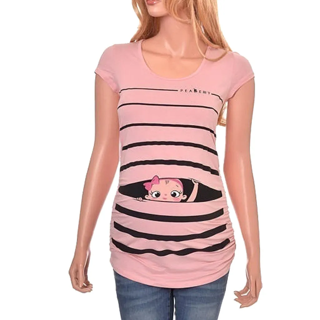 Maternity Cute Funny Baby Print Striped Short Sleeve T-shirt