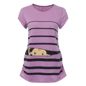 Maternity Cute Funny Baby Print Striped Short Sleeve T-shirt
