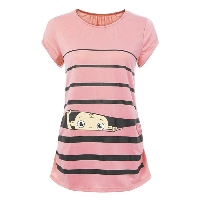 Maternity Cute Funny Baby Print Striped Short Sleeve T-shirt