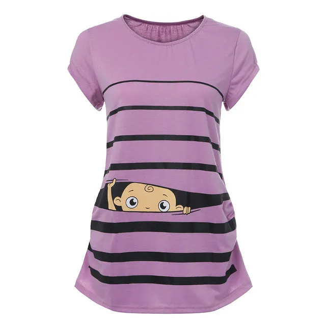 Maternity Cute Funny Baby Print Striped Short Sleeve T-shirt