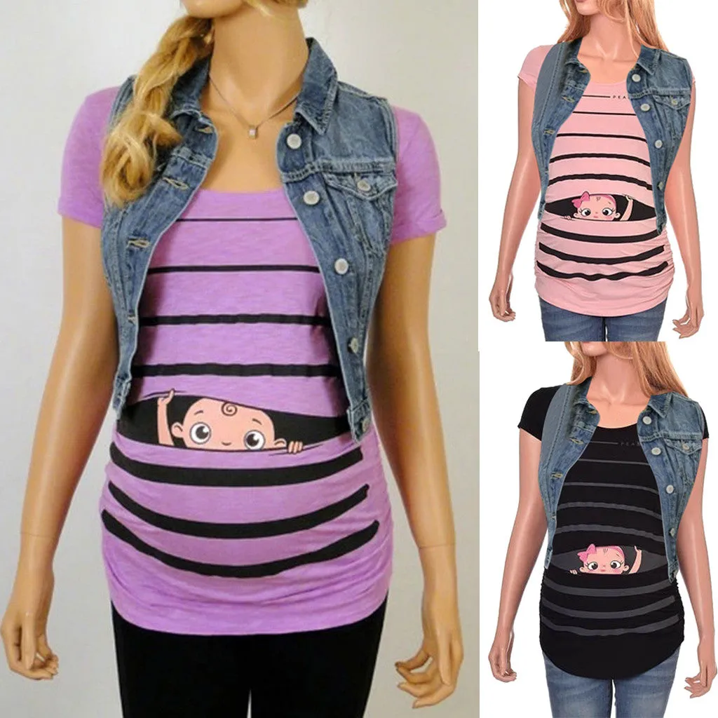 Maternity Cute Funny Baby Print Striped Short Sleeve T-shirt