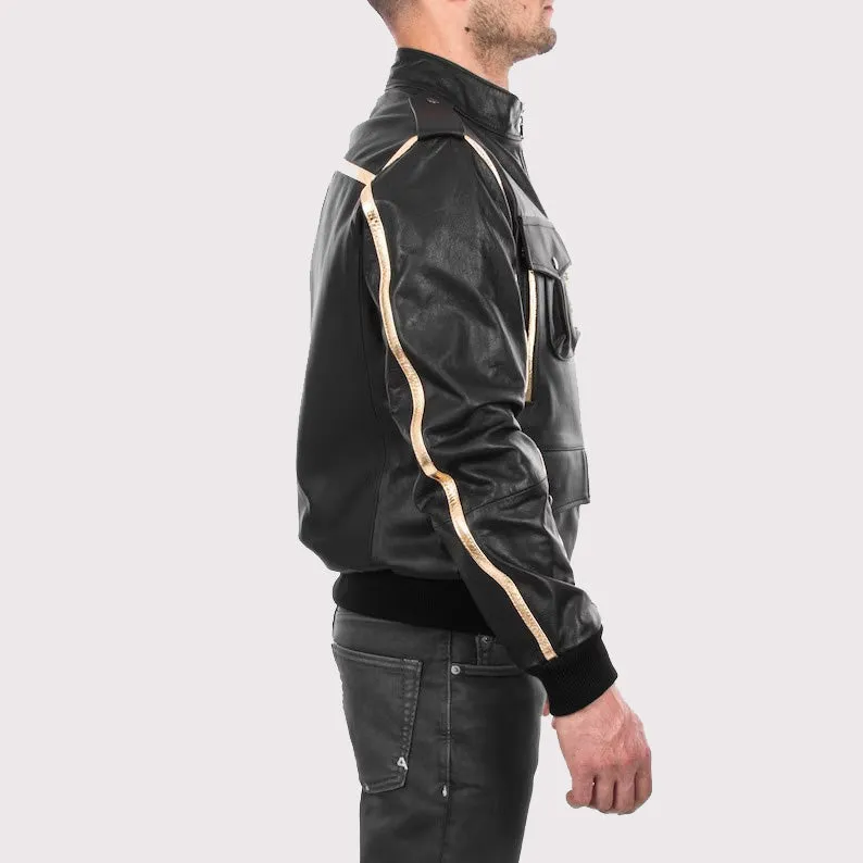 Men's Black & Gold Genuine Lamb Leather Bomber Jacket