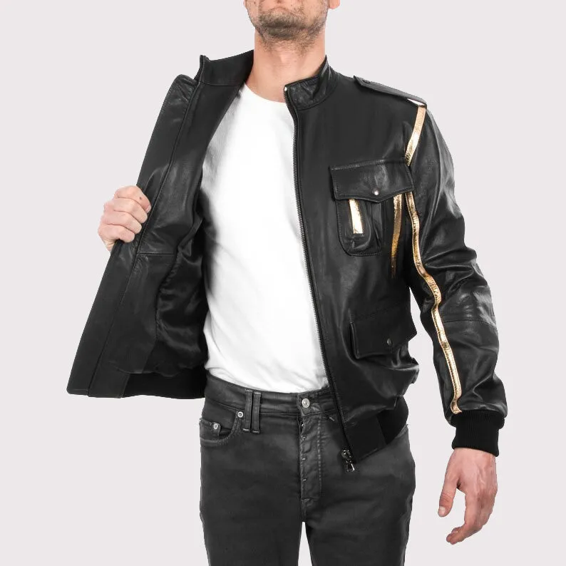 Men's Black & Gold Genuine Lamb Leather Bomber Jacket