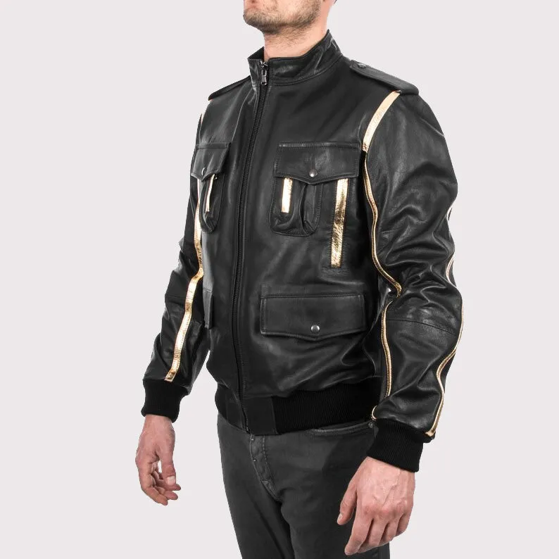 Men's Black & Gold Genuine Lamb Leather Bomber Jacket