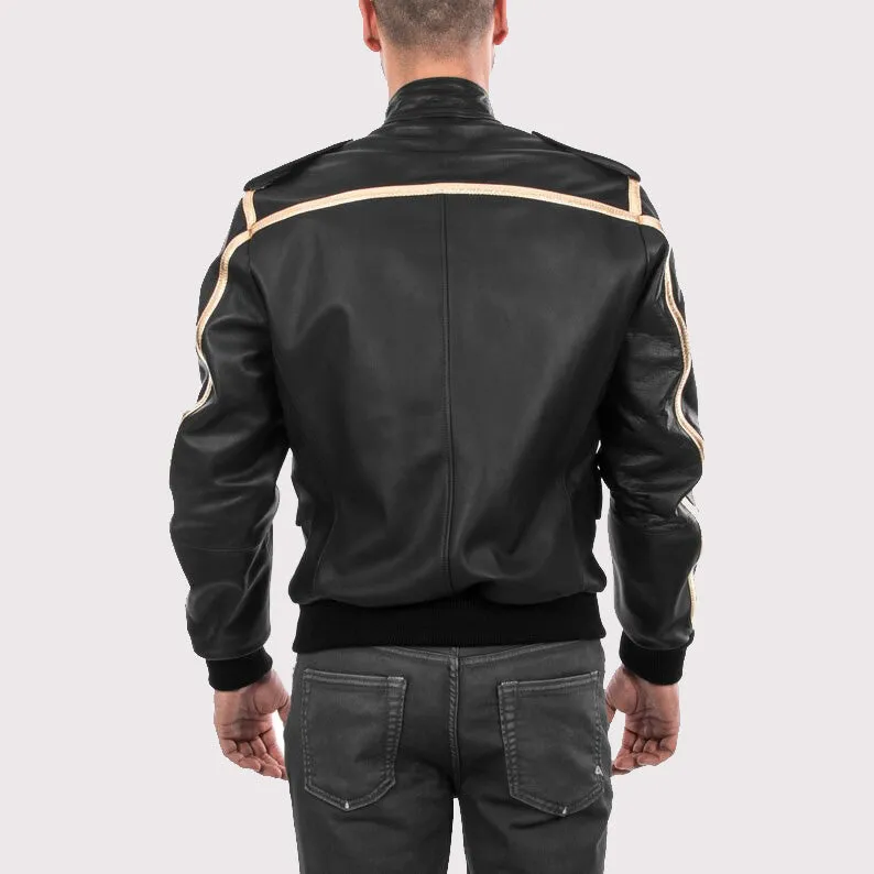 Men's Black & Gold Genuine Lamb Leather Bomber Jacket
