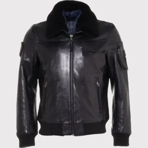 Men's Black Leather Bomber Jacket with Fur Collar