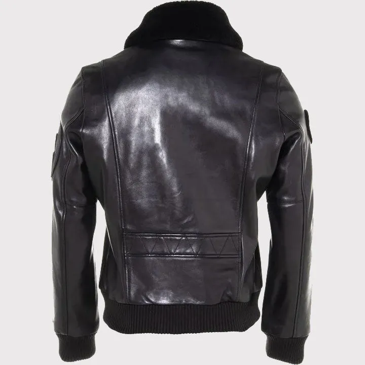 Men's Black Leather Bomber Jacket with Fur Collar
