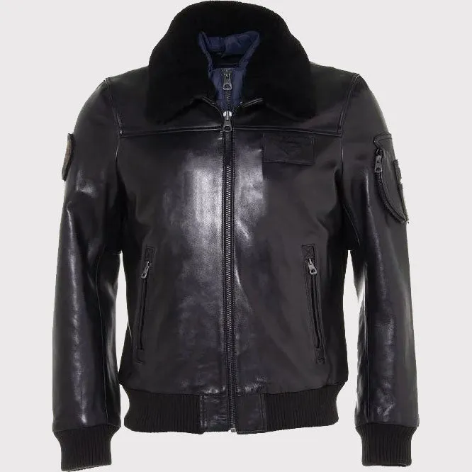 Men's Black Leather Bomber Jacket with Fur Collar