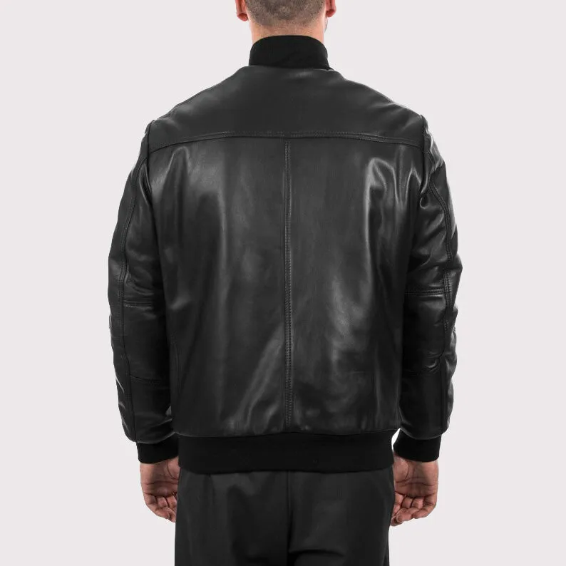 Men's Comfortable Fit Black Lambskin Leather Bomber Jacket