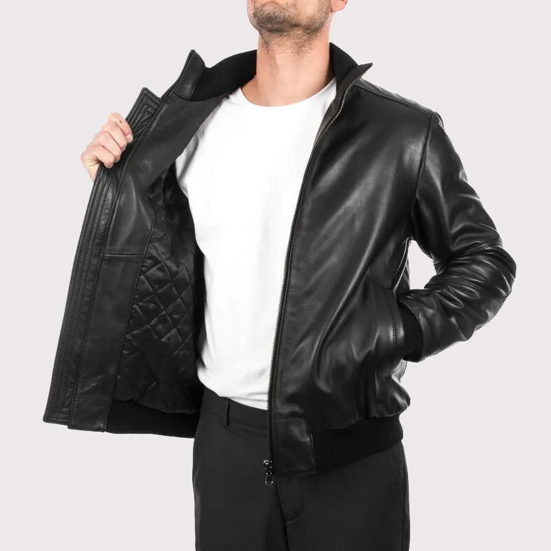Men's Comfortable Fit Black Lambskin Leather Bomber Jacket