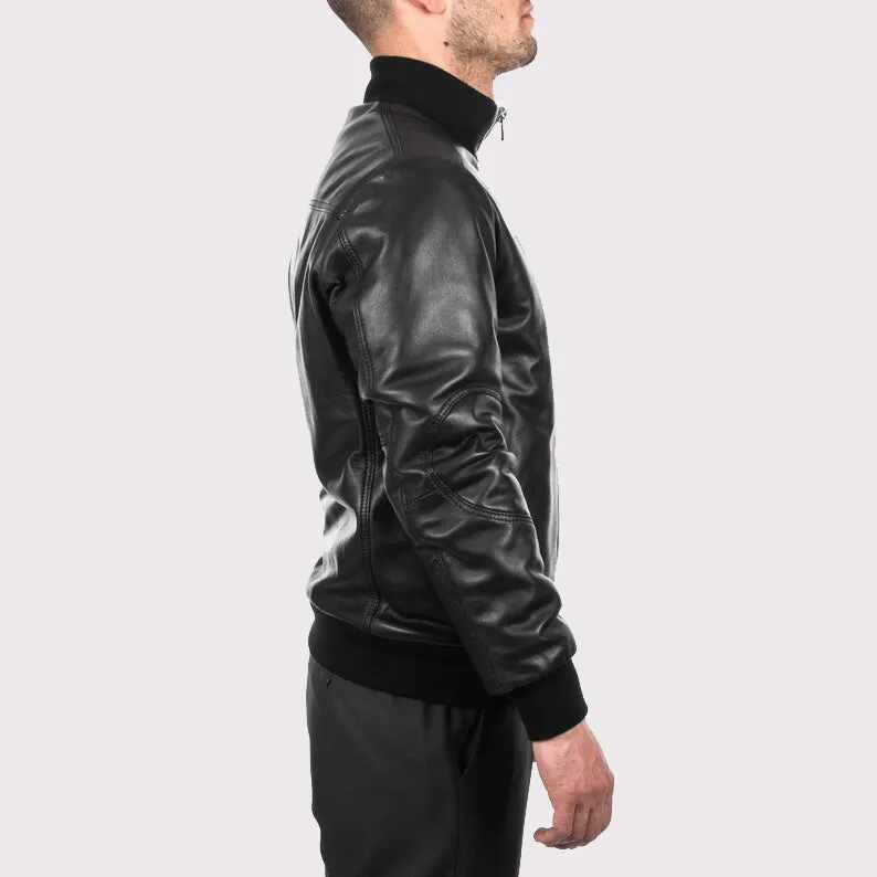 Men's Comfortable Fit Black Lambskin Leather Bomber Jacket