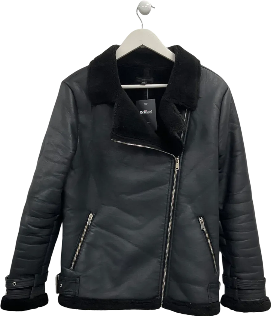 Missguided Black Faux Leather Sherling Lined Jacket UK 10