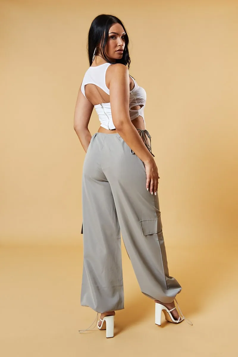 Mocha Tie Waist Toggle Detail Parachute Cargo Trousers - Eva