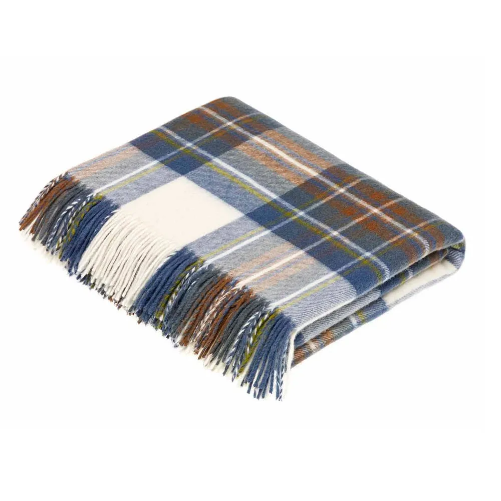 Moon Lambswool Muted Blue Stewart Tartan Merino Throw Blanket