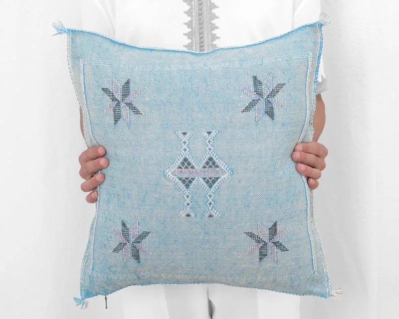 Moroccan Textile Pillow- Light Blue 18"