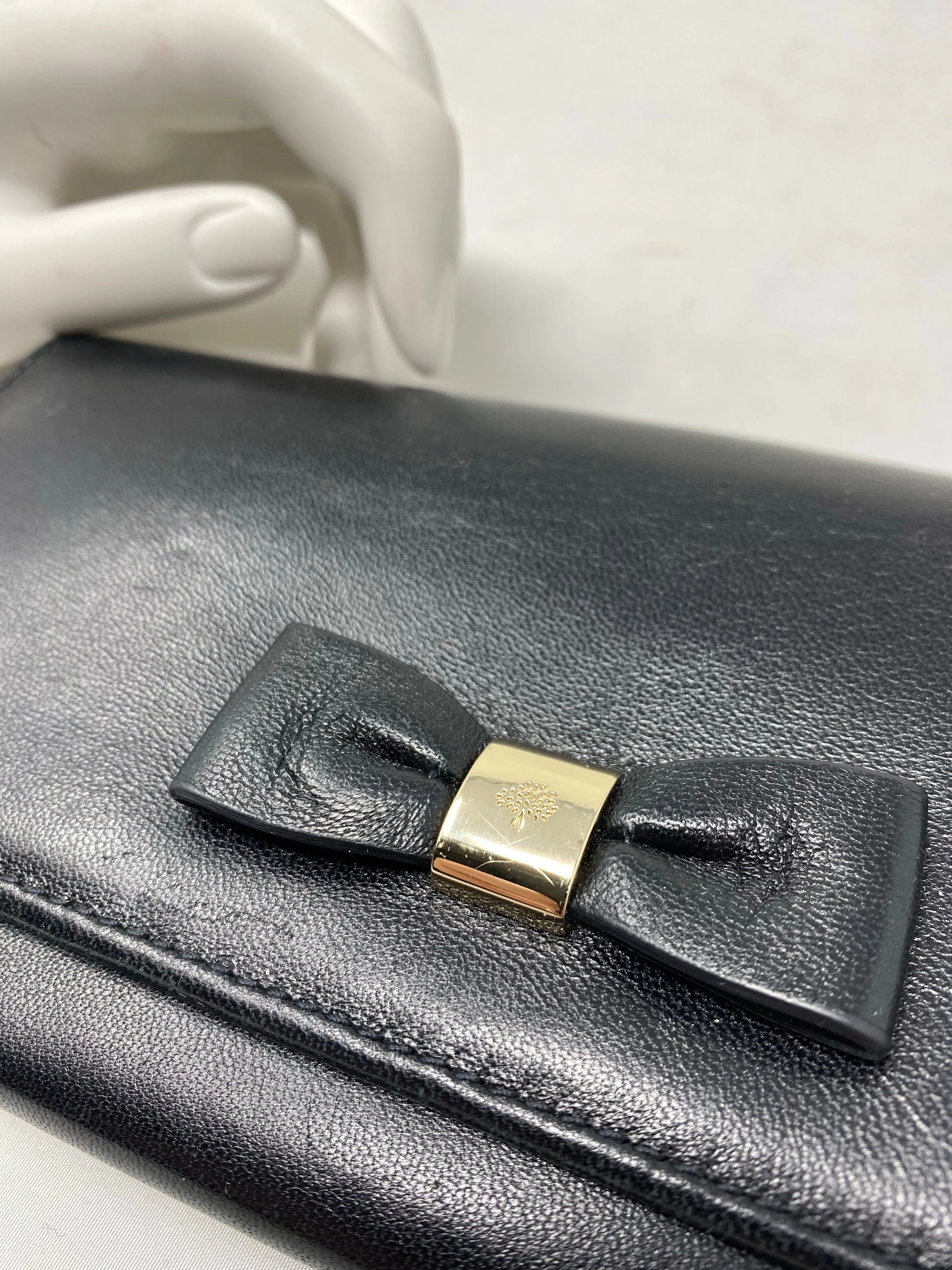 Mulberry Black Thin Long Leather Wallet with Bow and Pink Leather Interior