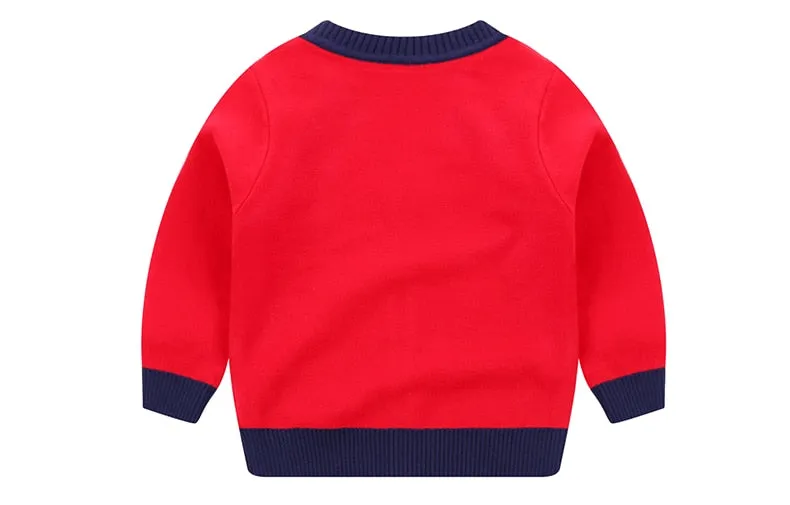 New Toddler Boy Cartoon Animals Knitted Cardigan - Red, Navy Blue, Yellow