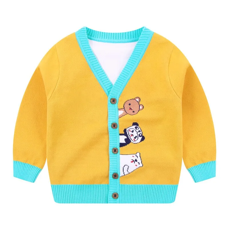 New Toddler Boy Cartoon Animals Knitted Cardigan - Red, Navy Blue, Yellow
