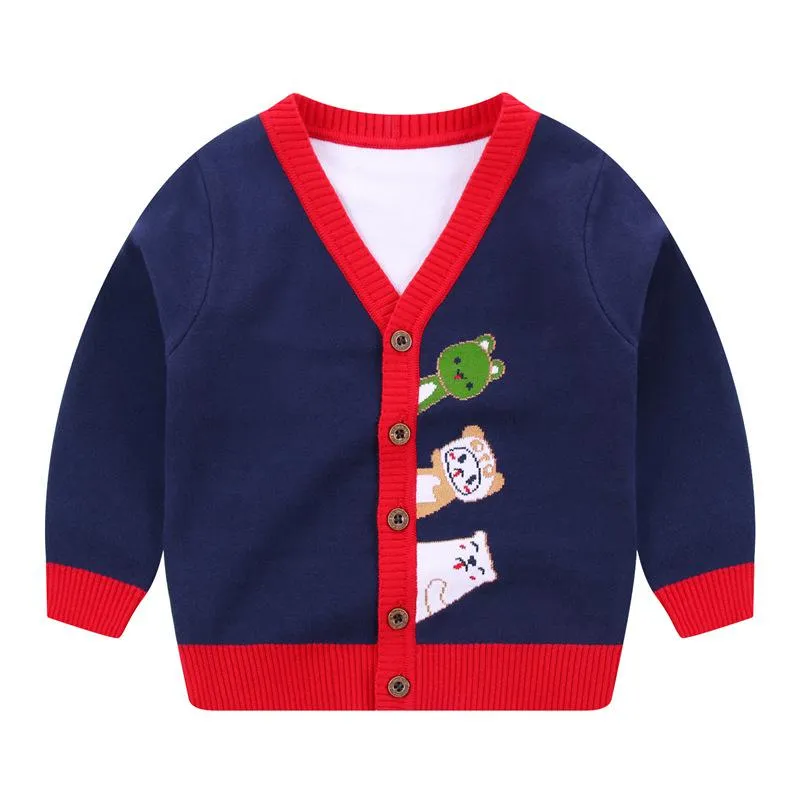 New Toddler Boy Cartoon Animals Knitted Cardigan - Red, Navy Blue, Yellow
