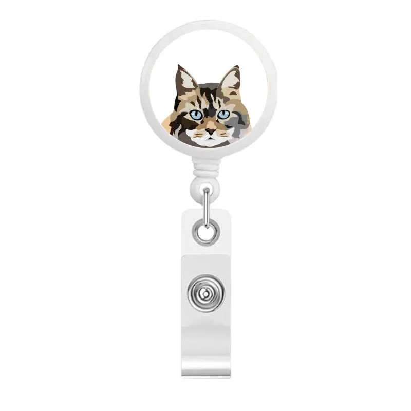 One Pet Portrait on Badge Reel - White Background | Custom Hand-Drawn Pet Portrait in Cartoon-Realism Style
