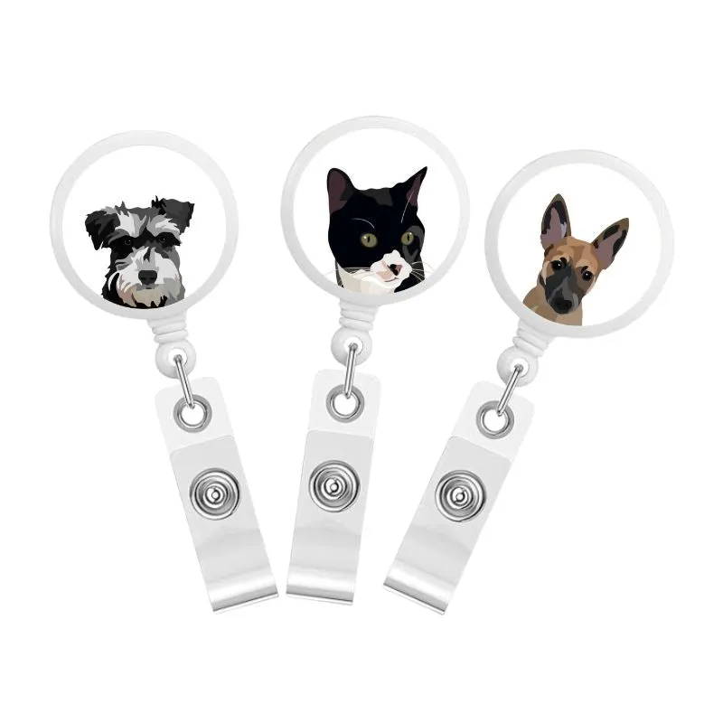 One Pet Portrait on Badge Reel - White Background | Custom Hand-Drawn Pet Portrait in Cartoon-Realism Style