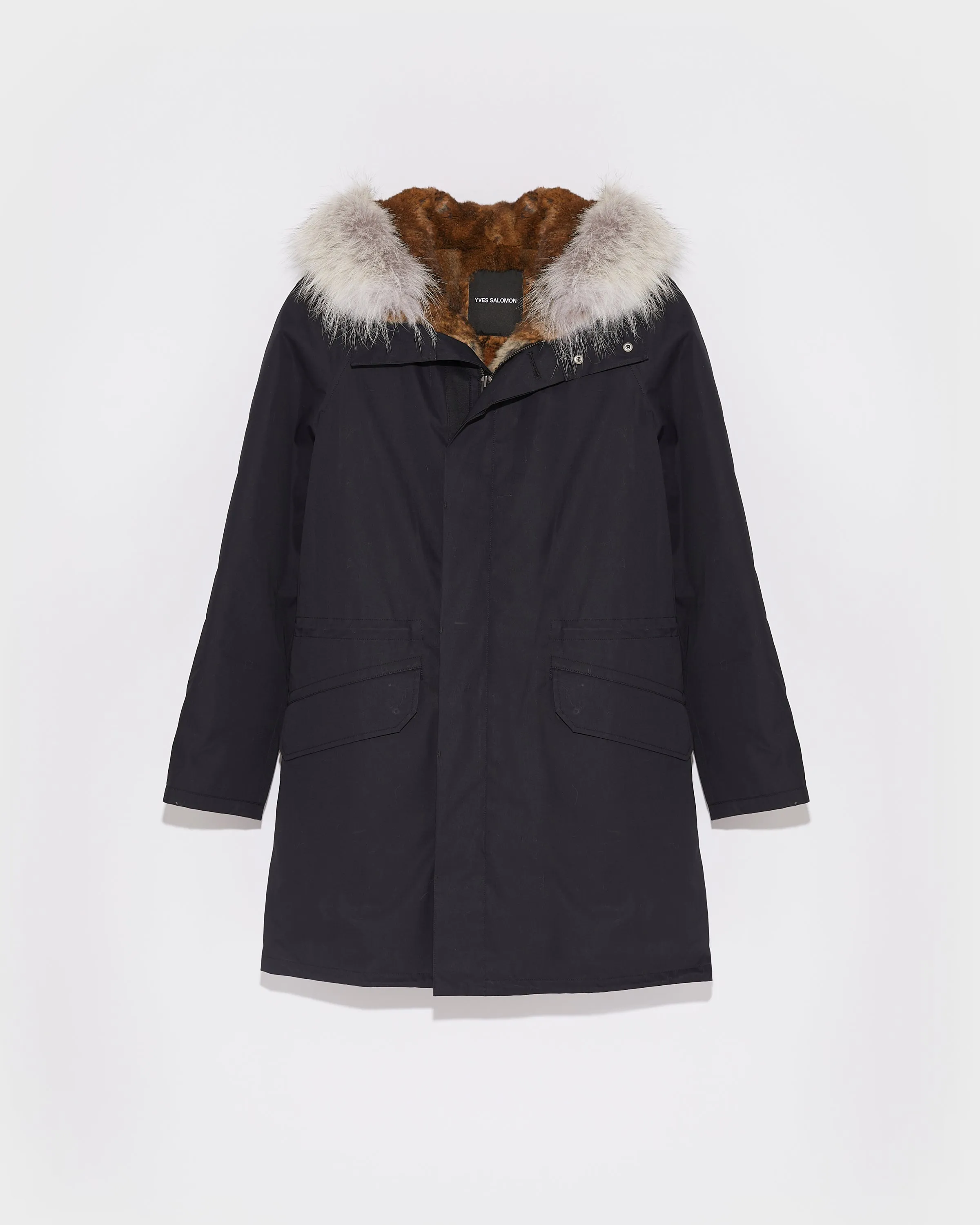 Parka iconique longue en coton technique avec fourrure de coyote et lapin