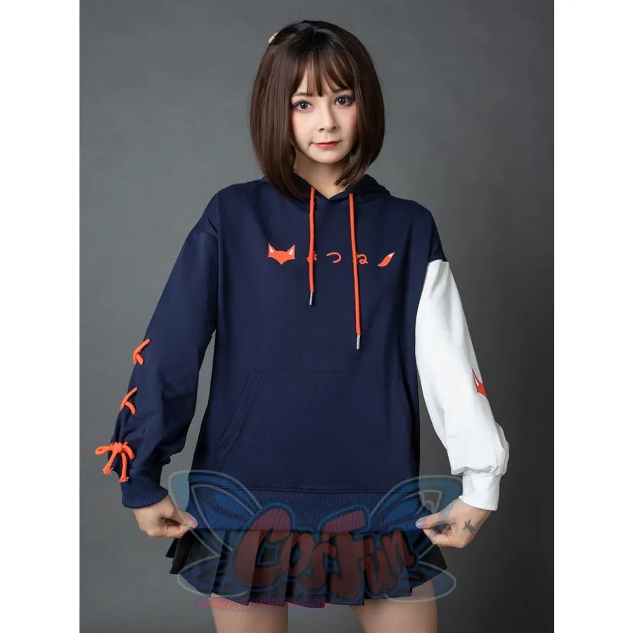 Patchwork-inspired Fox Print Lace-up Ears Hoodie Sweatshirt mp005915