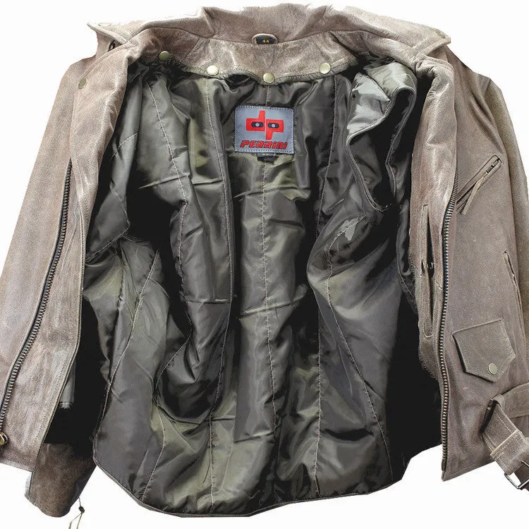 Perrini New Men’s Buffalo Motorbike Genuine Leather Biker Jacket Retro Style Brown Jacket