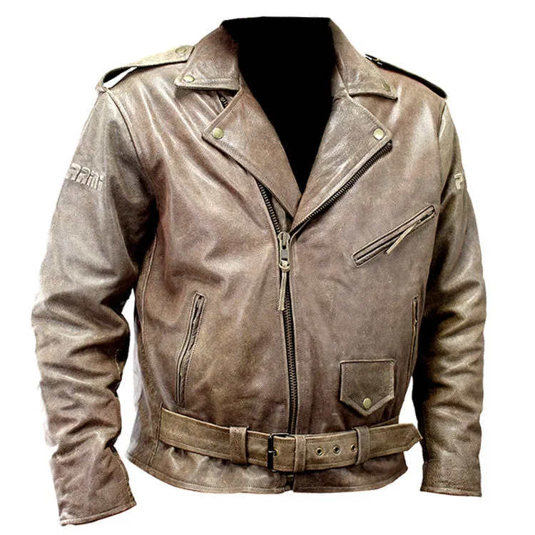Perrini New Men’s Buffalo Motorbike Genuine Leather Biker Jacket Retro Style Brown Jacket