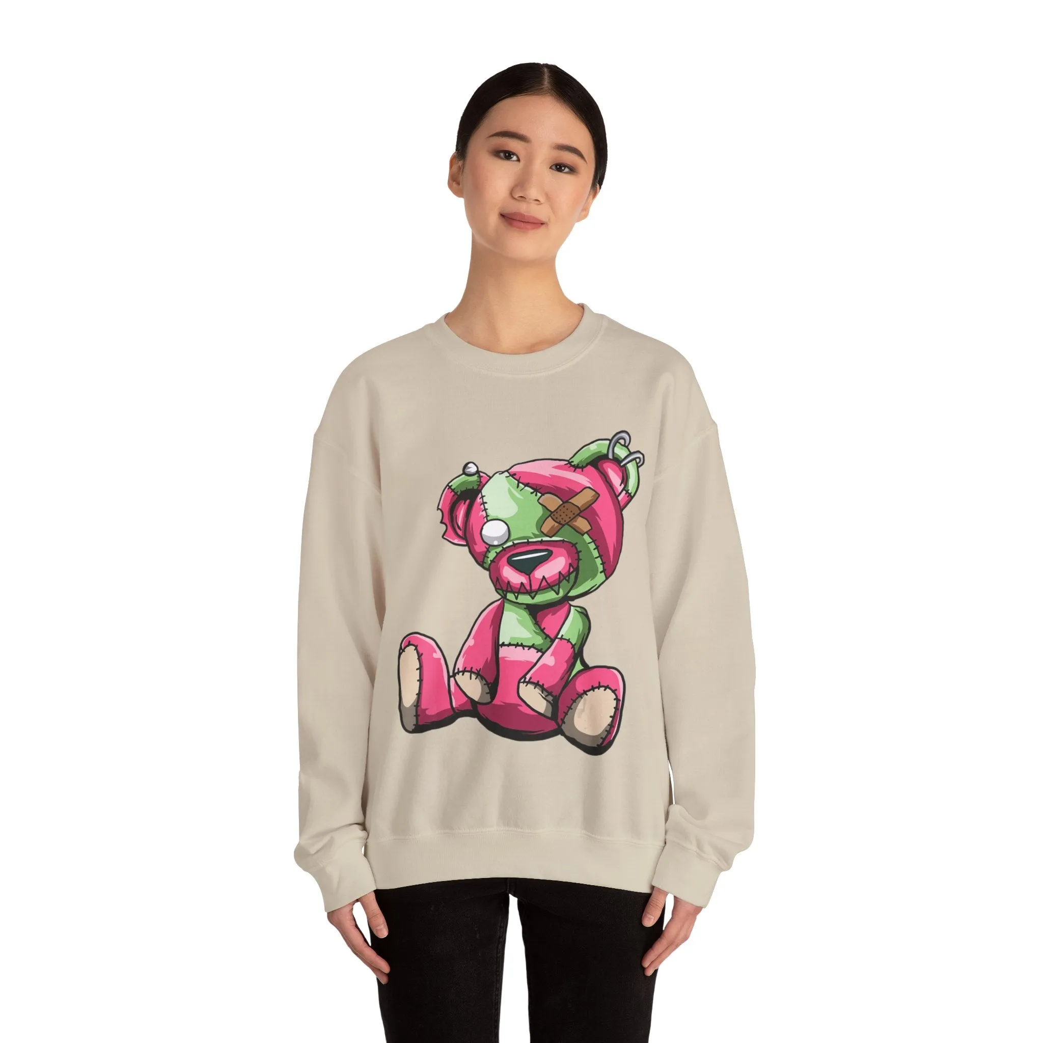 Pink & Green Patched Teddy Bear Sweatshirt