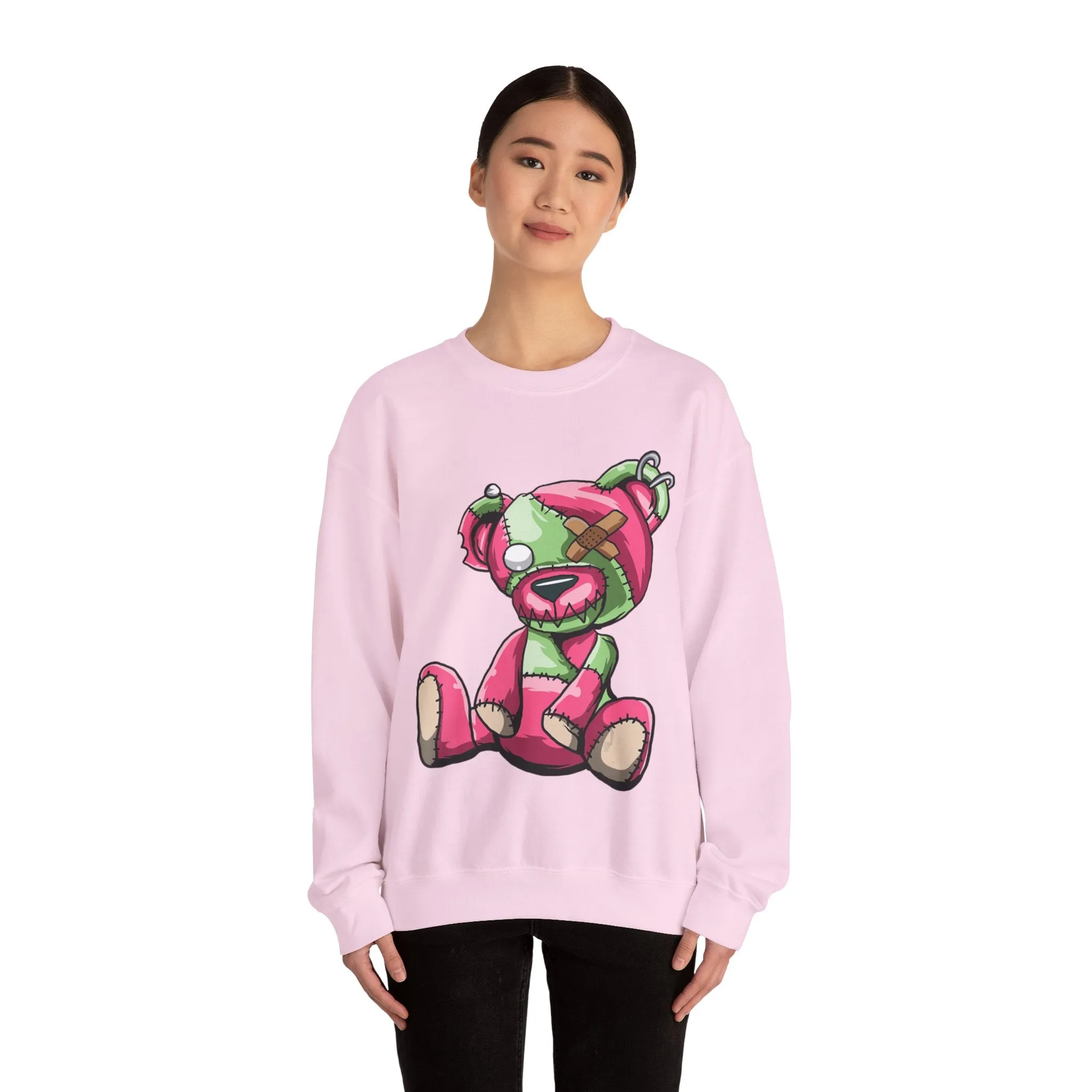 Pink & Green Patched Teddy Bear Sweatshirt