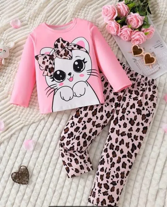 Pink Cute Kitty with cheetha pajama Printed Kids Wear
