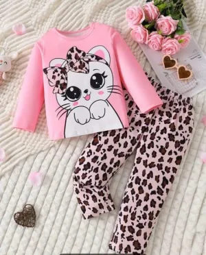 Pink Cute Kitty with cheetha pajama Printed Kids Wear