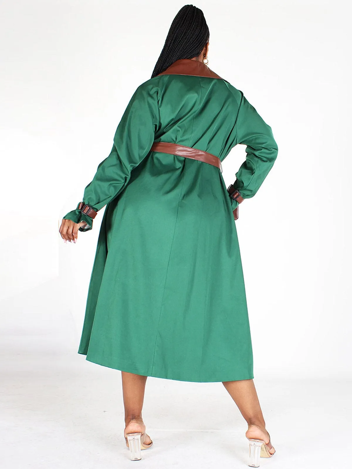 PLUS SIZE LONG SLEEVES BUTTON CLOSURE POCKETS PU COAT