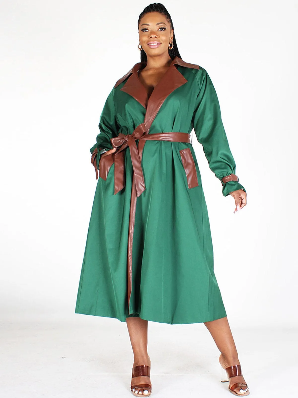 PLUS SIZE LONG SLEEVES BUTTON CLOSURE POCKETS PU COAT
