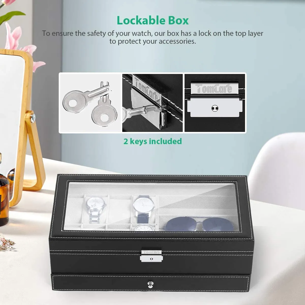 PU Leather Jewelry Organizer Box Lockable with Glass Top, Black