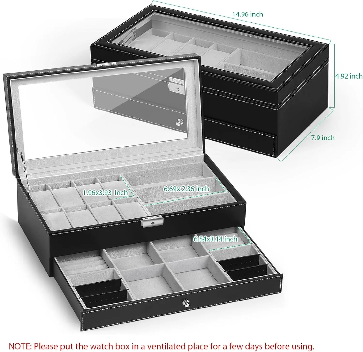 PU Leather Jewelry Organizer Box Lockable with Glass Top, Black