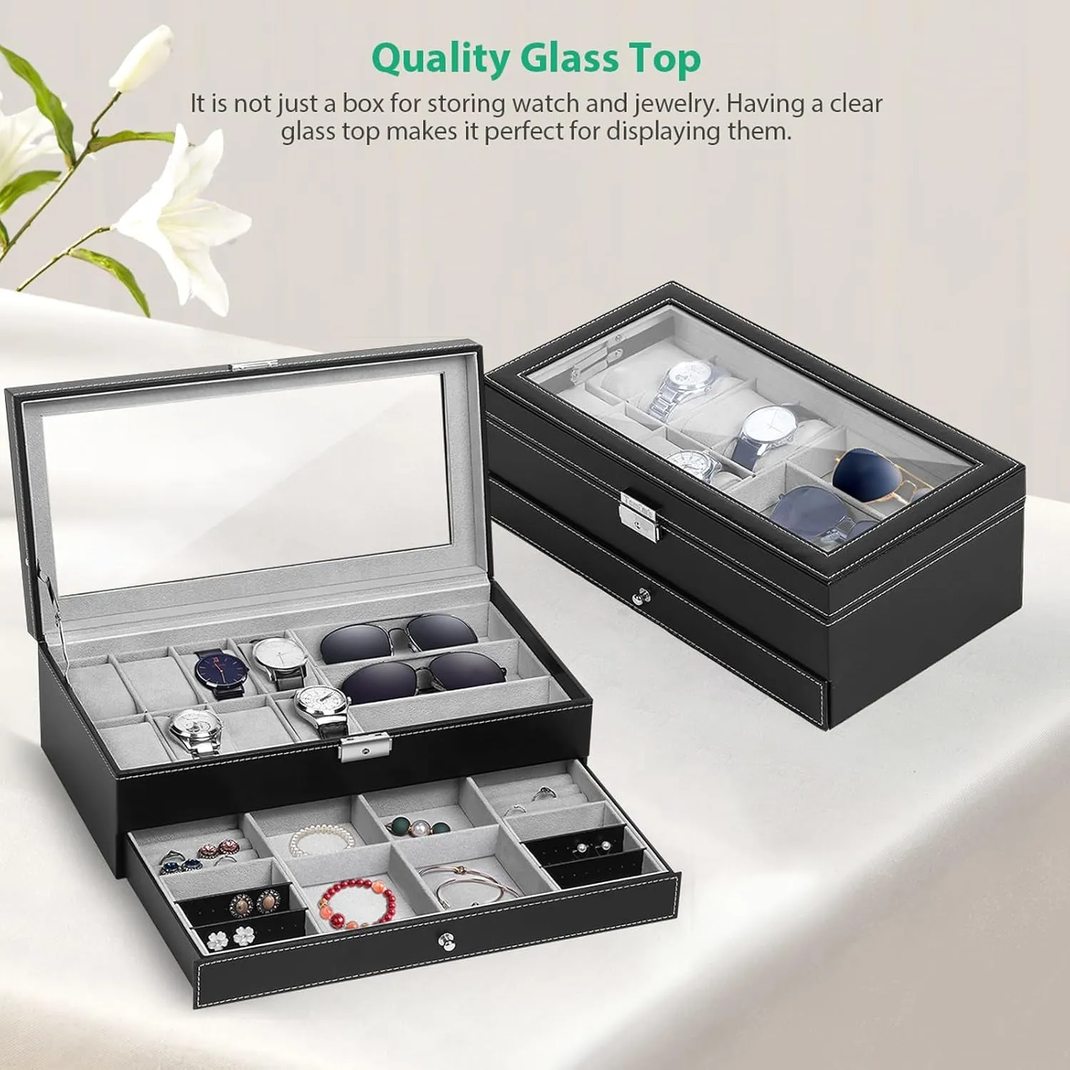 PU Leather Jewelry Organizer Box Lockable with Glass Top, Black