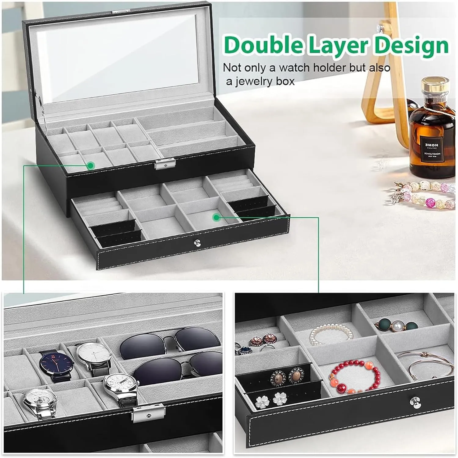 PU Leather Jewelry Organizer Box Lockable with Glass Top, Black