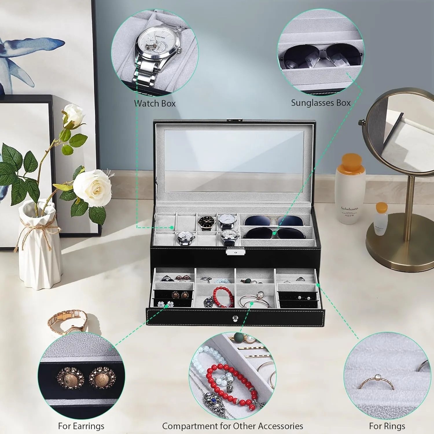 PU Leather Jewelry Organizer Box Lockable with Glass Top, Black