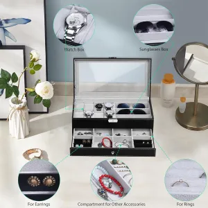 PU Leather Jewelry Organizer Box Lockable with Glass Top, Black