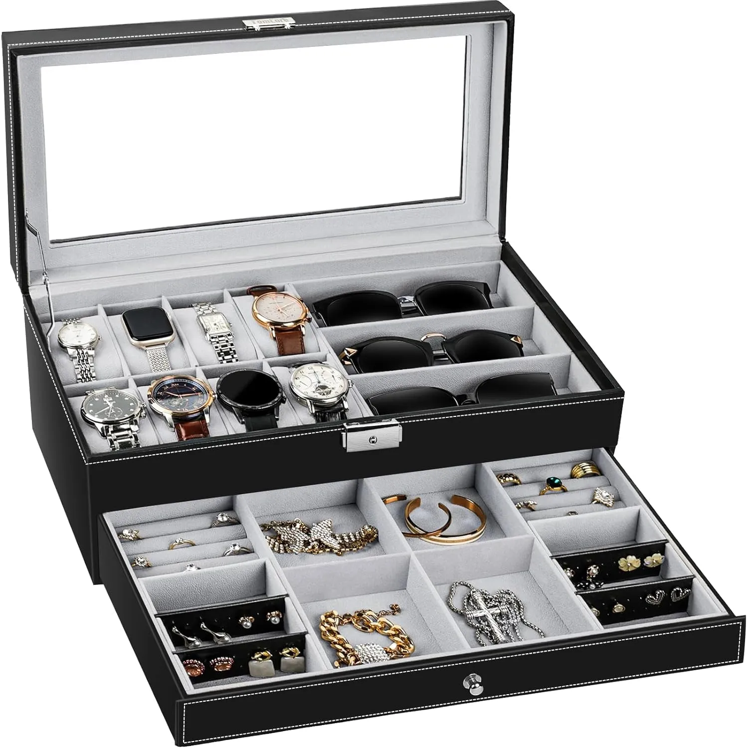 PU Leather Jewelry Organizer Box Lockable with Glass Top, Black