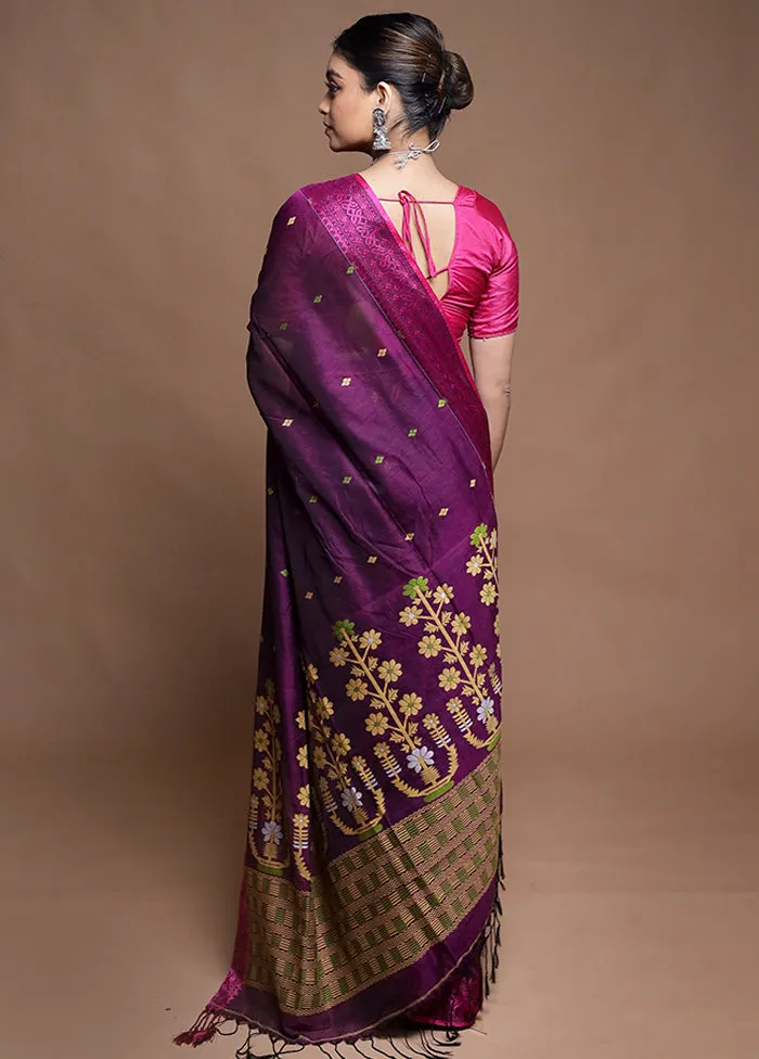 Purple Pure Cotton Saree With Blouse Piece
