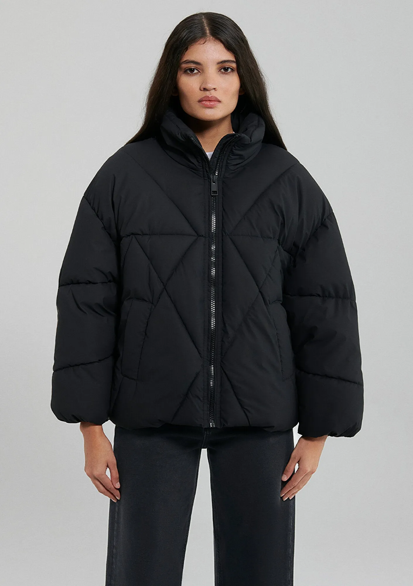 Quilted High Neck Black Jacket